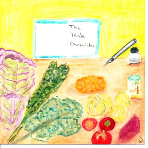 IMG 0003K The Kale Chronicles original watercolor of kale, tomatoes, onions, pen and ink bottle.
