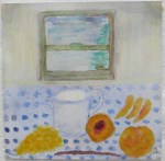 Painting depicts ingredients for recipe polenta with peaches
