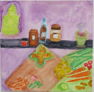painting depicts ingredients for pasta with peanut sauce