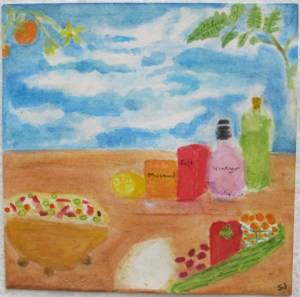 painting depicts Greek salad and ingredients