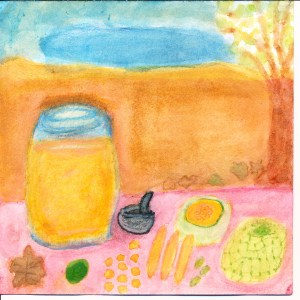 Painting of melons, agua fresca and limes.