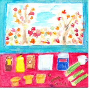 painting of zucchini-gingerbread muffin ingredients.