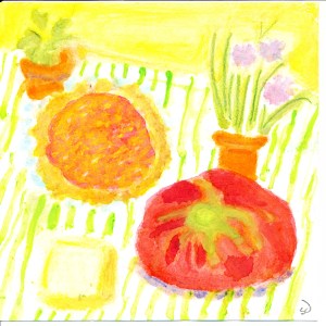 original watercolor of tomato tart and ingredients