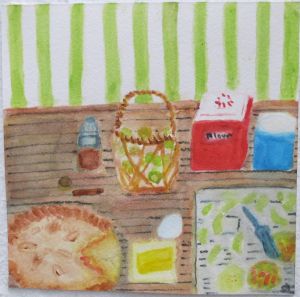 Painting depicts apple pie ingredients: flour, butter, apples, cinnamon, nutmeg.