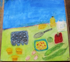  Painting shows New Mexican green chiles with eggs, peppers and corn muffins