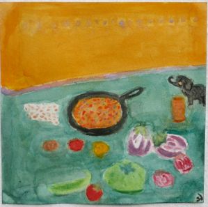 Painting of Bengan Bharta and Ingredients.