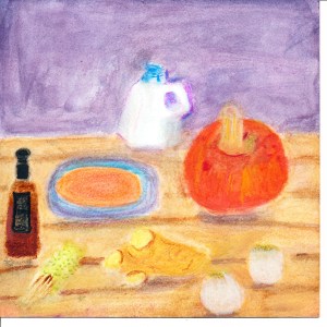 Red Kabocha Soup painting of red kabocha squash, soup ingredients