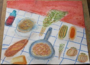Onion Soup painting depicts onion soup and fall vegetables