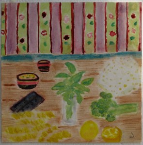 painting shows ingredients for pasta: broccoli, lemons, feta, fresh basil, dried pasta.