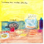 Making Stock painting shows stock pot, skillet and ingredients.