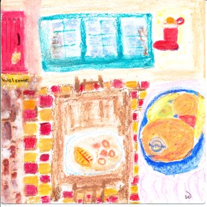 Painting of orange on plate in Mabel's dining room, Taos, New Mexico.