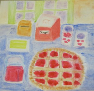 painting of sour cherry pie, cherry syrup and ingredients