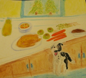 Painting shows ingredients for turkey-apple stew, plus a border collie.