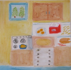 Painting of turkey, noodles and ingredients.