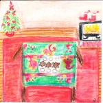 Painting of Christmas cookies on green and red tablecloth.