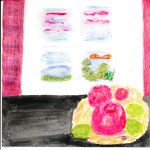 painting of pomegranates, limes and December sunrise.