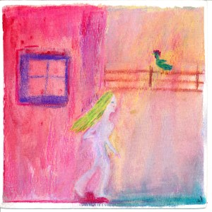 Painting shows pink adobe, woman leaving and rooster on a rail fence.