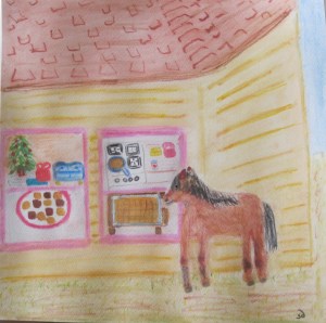 painting shows miniature horse looking through window at caramels.