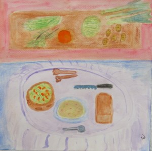 painting depicts meal of bread, soup and salad for January