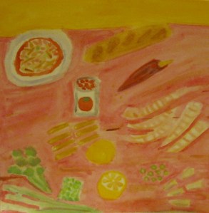 painting depicts shrimp diablo and ingredients
