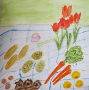 January Bounty painting shows January fruit, vegetables and tulips from the farmers' market