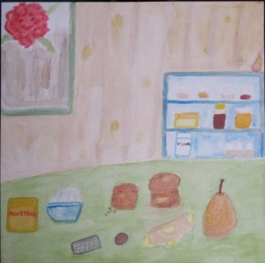 Painting shows pear-ginger muffins and ingredients