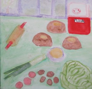 Painting shows knishes and ingredients.
