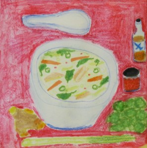 painting shows bowl of chicken-coconut soup with Asian condiments