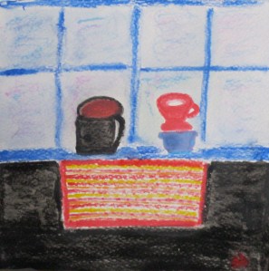 painting of coffee in mug, filter cone, place mat.