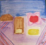 Painting shows loaves of oatmeal bread.