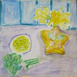 Original watercolor painting of eggs and daffodils.