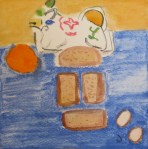 Painting shows bread for French toast, eggs, orange.