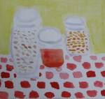 Storage Jars. painting shows grains, pulses and sauce stored in glass jars