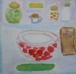 Refrigerator Storage Painting shows refrigerator contents stored in paper, glass and china.