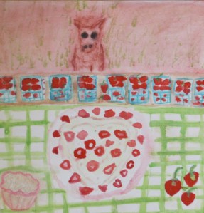 Painting shows a heart-shaped strawberry shortcake and baskets of berries.