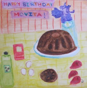 painting depicts Mexican chocolate beet cake and ingredients.
