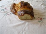 photo shows cut end of Challah loaf to show crumb and color.