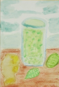 Painting shows lime, mint leaf, ginger root and glass.