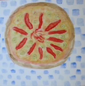 painting of pizza with red peppers and olives