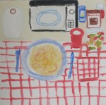 Ease. Painting shows convenience foods, microwave oven, disposable utensils.