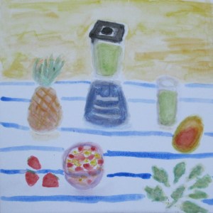 painting of blender, fruit, spinach and the resulting green smoothie in a glass.