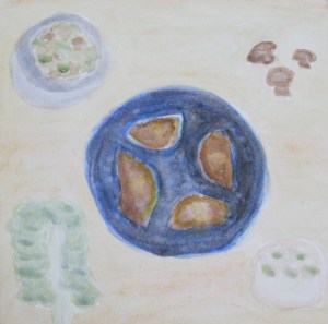 Painting shows calzones on pizza pan and ingredients.
