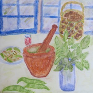 Making Pesto. painting shows mortal and pestle, basil, basket of walnuts.