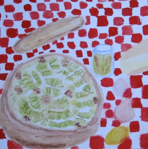 Painting shows Caesar Salad and ingredients.