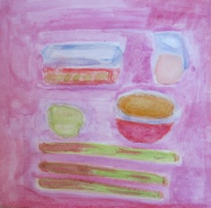 painting shows rhubarb in various preparations.