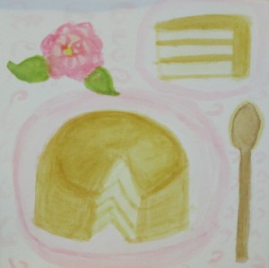 Original watercolor painting shows vanilla cake with caramel icing.