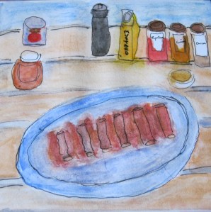 Original watercolor painting shows platter of barbecued spare ribs.