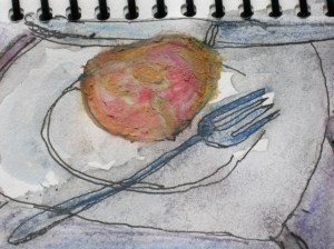 Original ink and acquarelle sketch shows peach on plate with knife and fork.