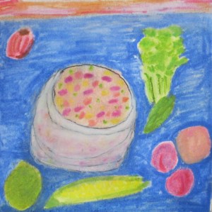 Original watercolor painting shows bowl of fruit salsa and ingredients.
