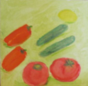 Greek Salad Vegetables. Original watercolor painting shows tomatoes, cucumbers, gypsy peppers and lemon.